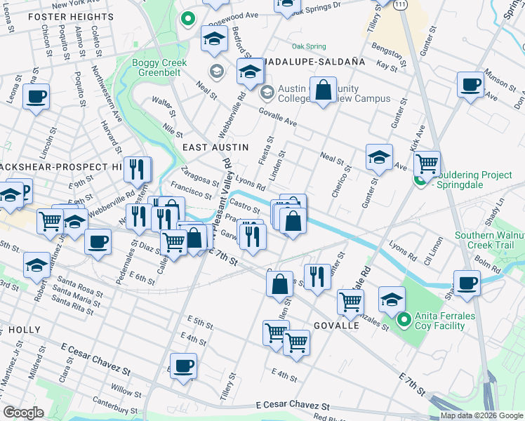 map of restaurants, bars, coffee shops, grocery stores, and more near 3007 1/2 Lyons Road in Austin