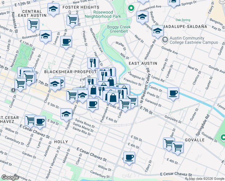 map of restaurants, bars, coffee shops, grocery stores, and more near 742 Pedernales Street in Austin
