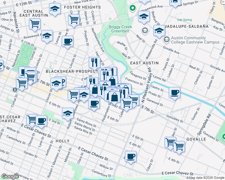 map of restaurants, bars, coffee shops, grocery stores, and more near 742 Pedernales Street in Austin
