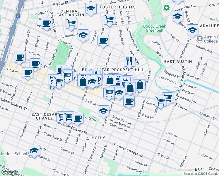 map of restaurants, bars, coffee shops, grocery stores, and more near 2103 East 8th Street in Austin