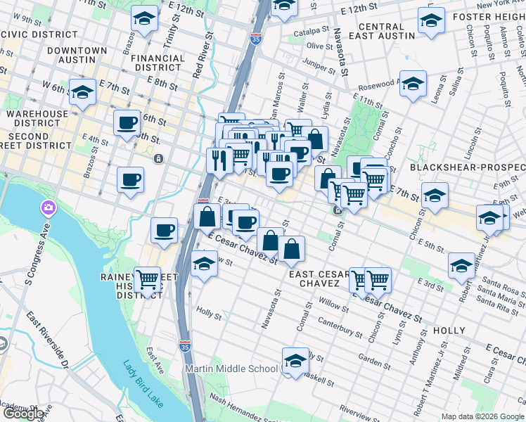 map of restaurants, bars, coffee shops, grocery stores, and more near 1101 East 4th Street in Austin