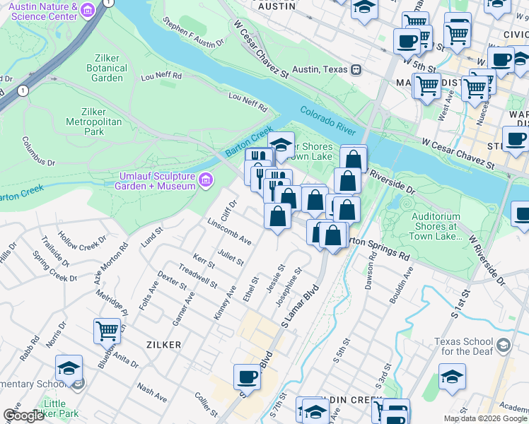 map of restaurants, bars, coffee shops, grocery stores, and more near 1625 Barton Springs Road in Austin