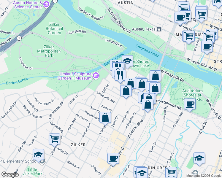 map of restaurants, bars, coffee shops, grocery stores, and more near 502 Cater Drive in Austin