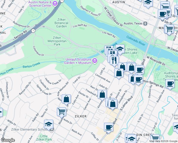 map of restaurants, bars, coffee shops, grocery stores, and more near 863 Azie Morton Road in Austin