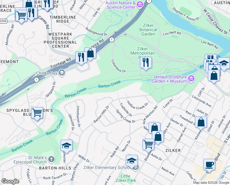 map of restaurants, bars, coffee shops, grocery stores, and more near 2629 Deerfoot Trail in Austin