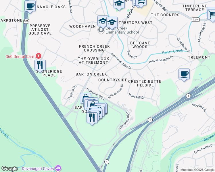 map of restaurants, bars, coffee shops, grocery stores, and more near 2005 Wychwood Drive in Austin