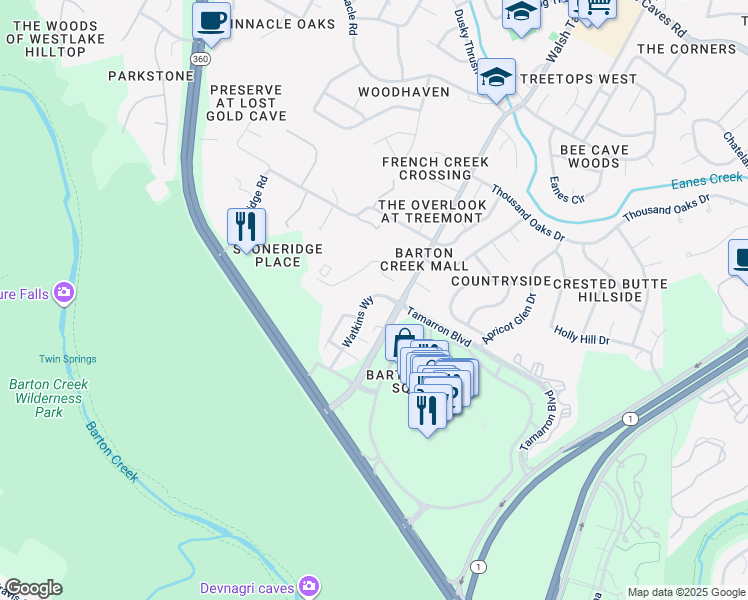 map of restaurants, bars, coffee shops, grocery stores, and more near 2224 Walsh Tarlton Lane in Austin
