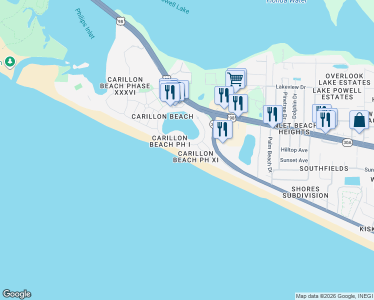 map of restaurants, bars, coffee shops, grocery stores, and more near 38 Beachside Drive in Panama City Beach