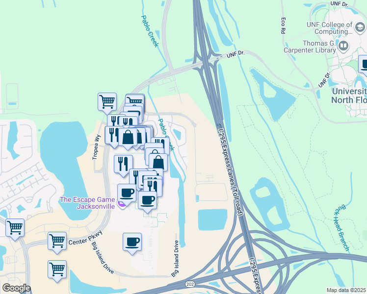map of restaurants, bars, coffee shops, grocery stores, and more near 4509 Capital Dome Drive in Jacksonville