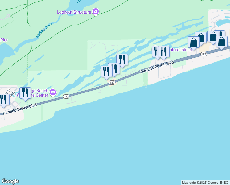 map of restaurants, bars, coffee shops, grocery stores, and more near 24230 Perdido Beach Boulevard in Orange Beach