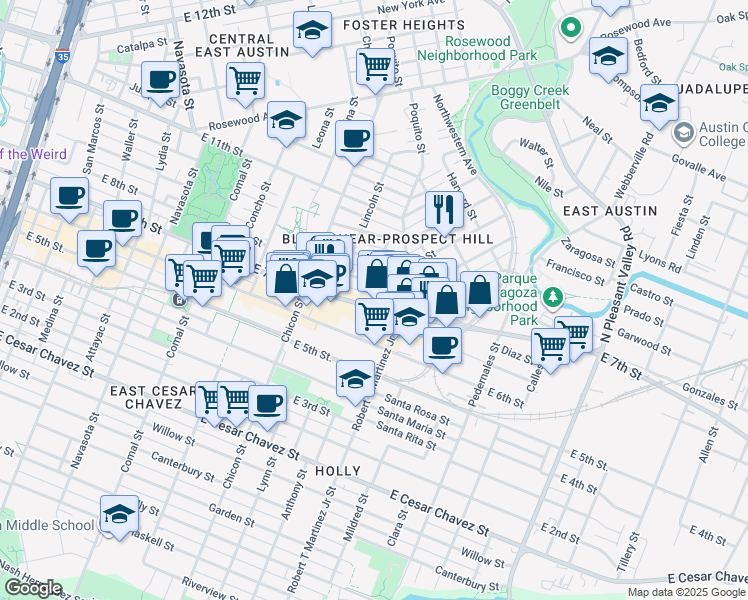 map of restaurants, bars, coffee shops, grocery stores, and more near 2103 East 8th Street in Austin