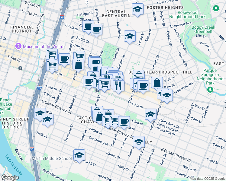 map of restaurants, bars, coffee shops, grocery stores, and more near 1617 East 6th Street in Austin