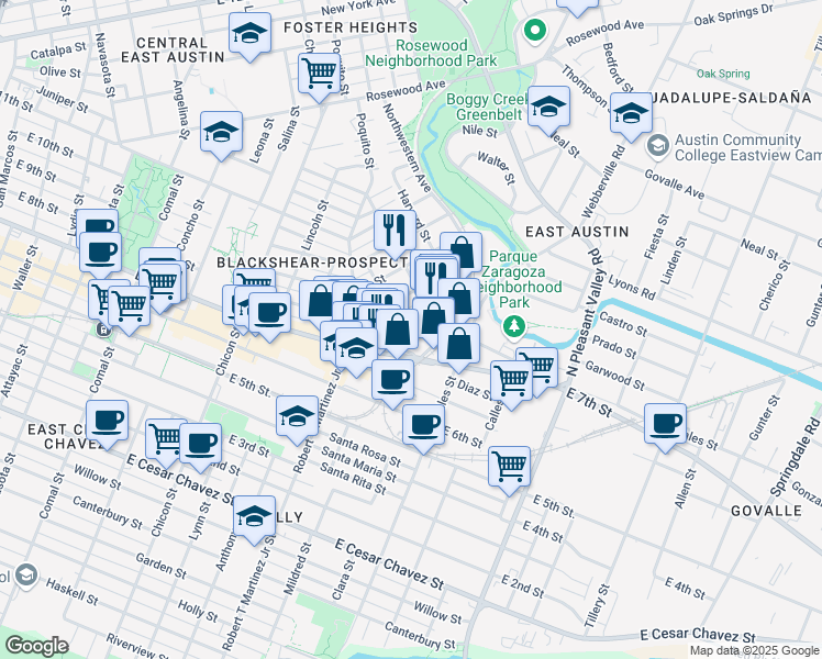 map of restaurants, bars, coffee shops, grocery stores, and more near 2300 Webberville Road in Austin