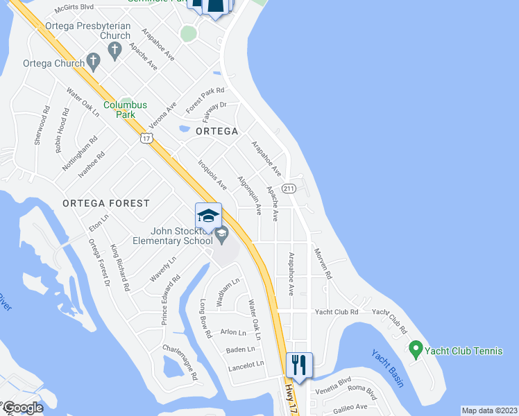map of restaurants, bars, coffee shops, grocery stores, and more near Algonquin Ave & Apalachee St in Jacksonville