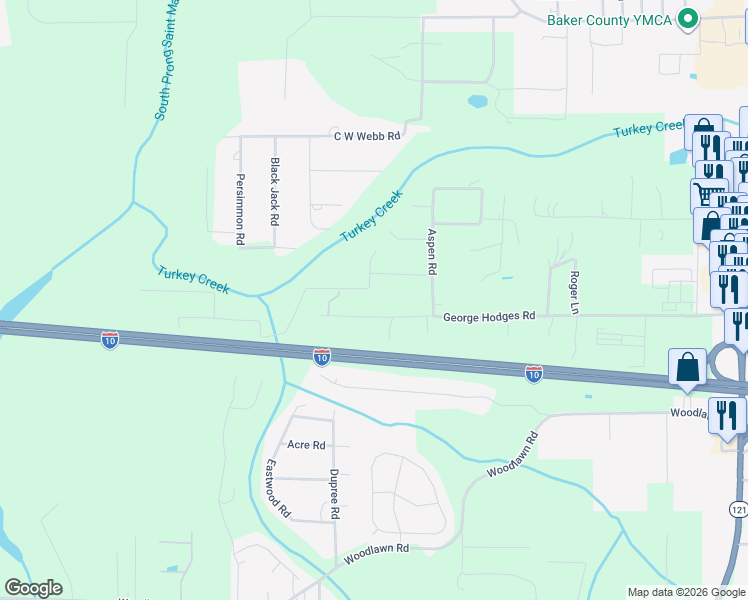 map of restaurants, bars, coffee shops, grocery stores, and more near 5818 Camphor Road in Macclenny