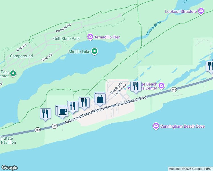 map of restaurants, bars, coffee shops, grocery stores, and more near Rosemary Dunes Trail in Orange Beach