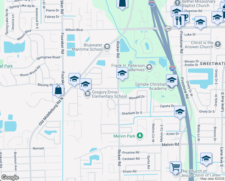 map of restaurants, bars, coffee shops, grocery stores, and more near 7621 Gregory Drive in Jacksonville