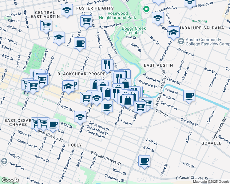 map of restaurants, bars, coffee shops, grocery stores, and more near 2505 Webberville Road in Austin
