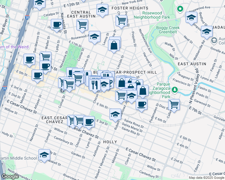 map of restaurants, bars, coffee shops, grocery stores, and more near 1918 East 7th Street in Austin