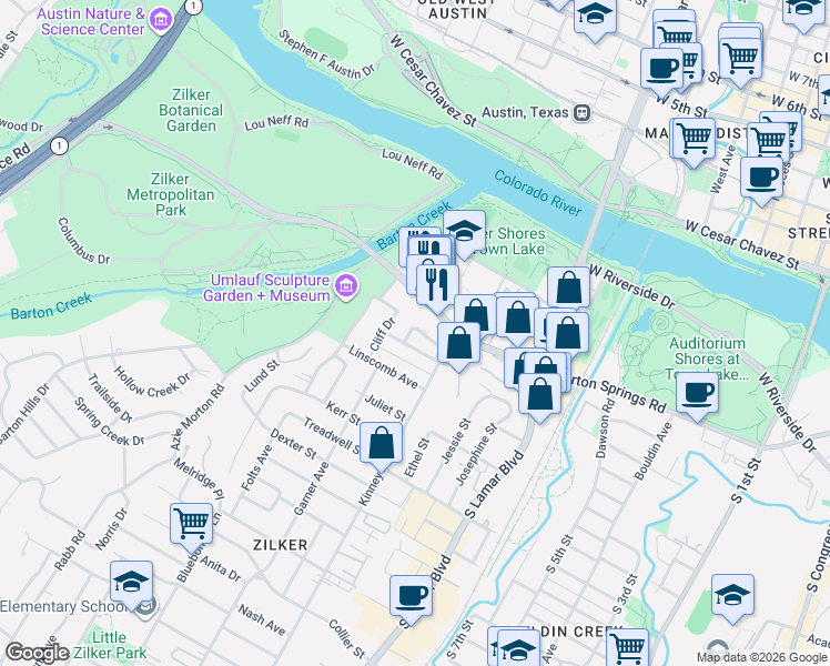 map of restaurants, bars, coffee shops, grocery stores, and more near 502 Cater Drive in Austin