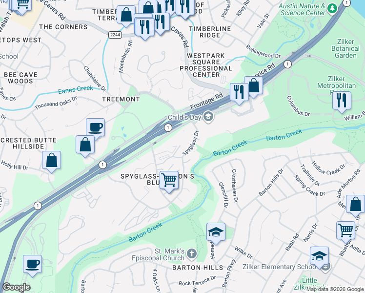 map of restaurants, bars, coffee shops, grocery stores, and more near 1233 Spyglass Drive in Austin