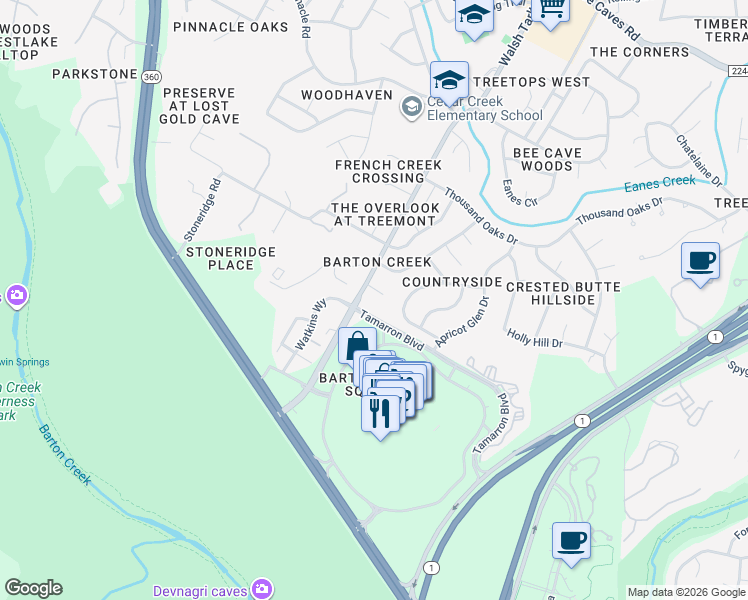 map of restaurants, bars, coffee shops, grocery stores, and more near 3204 Twinberry Cove in Austin