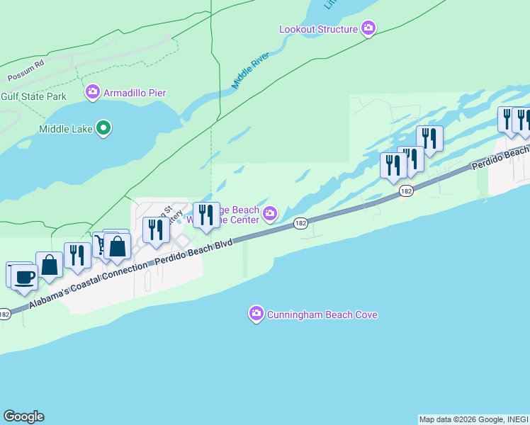 map of restaurants, bars, coffee shops, grocery stores, and more near 23685 Perdido Beach Blvd in Orange Beach
