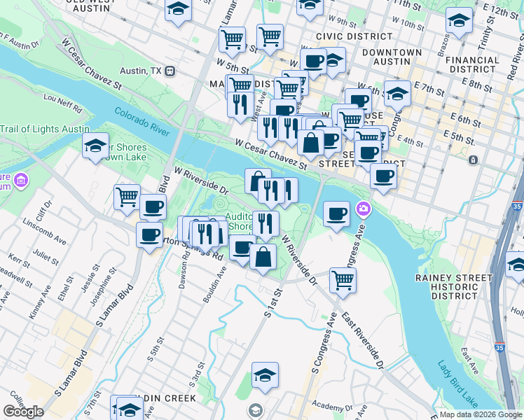 map of restaurants, bars, coffee shops, grocery stores, and more near 950 West Riverside Drive in Austin