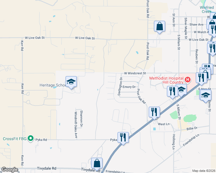 map of restaurants, bars, coffee shops, grocery stores, and more near 735 Darlington Drive in Fredericksburg