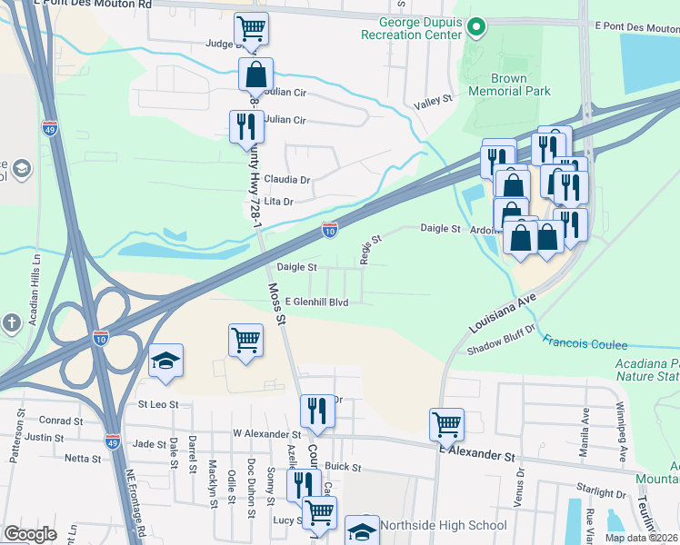 map of restaurants, bars, coffee shops, grocery stores, and more near 302 Hilltop Circle in Lafayette