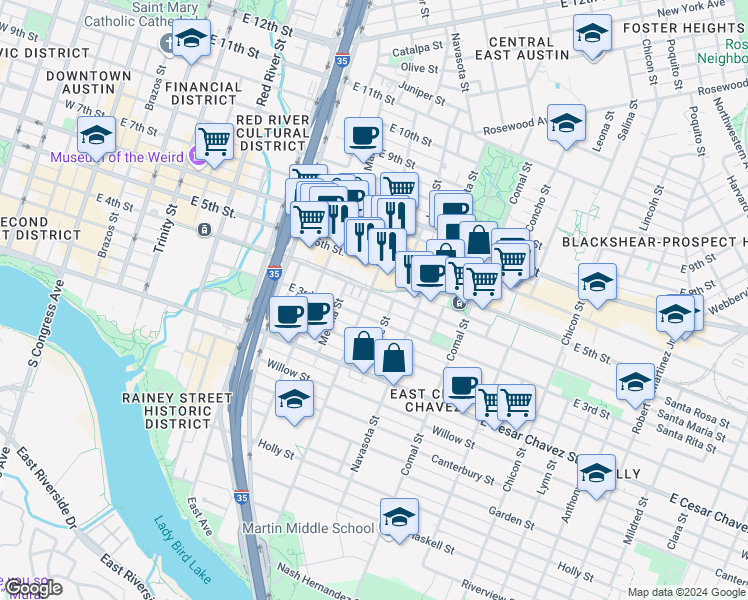 map of restaurants, bars, coffee shops, grocery stores, and more near 1205 East 4th Street in Austin