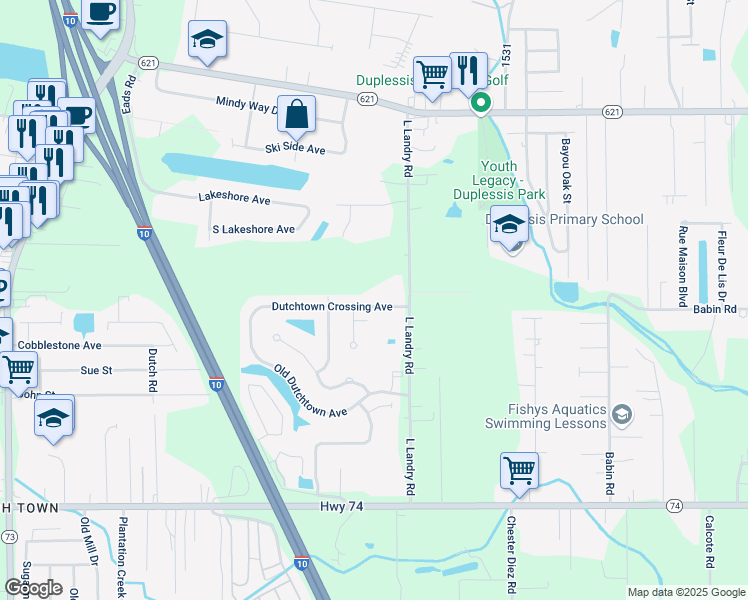map of restaurants, bars, coffee shops, grocery stores, and more near 37494 Dutchtown Crossing Avenue in Gonzales