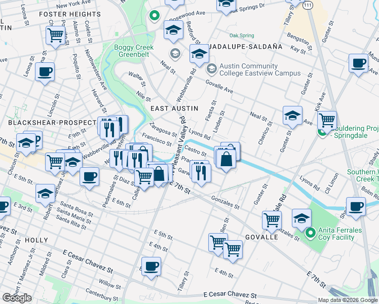 map of restaurants, bars, coffee shops, grocery stores, and more near 2813 Castro Street in Austin