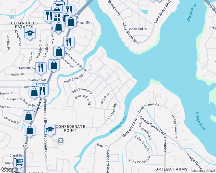 map of restaurants, bars, coffee shops, grocery stores, and more near 4305 Charleston Lane in Jacksonville
