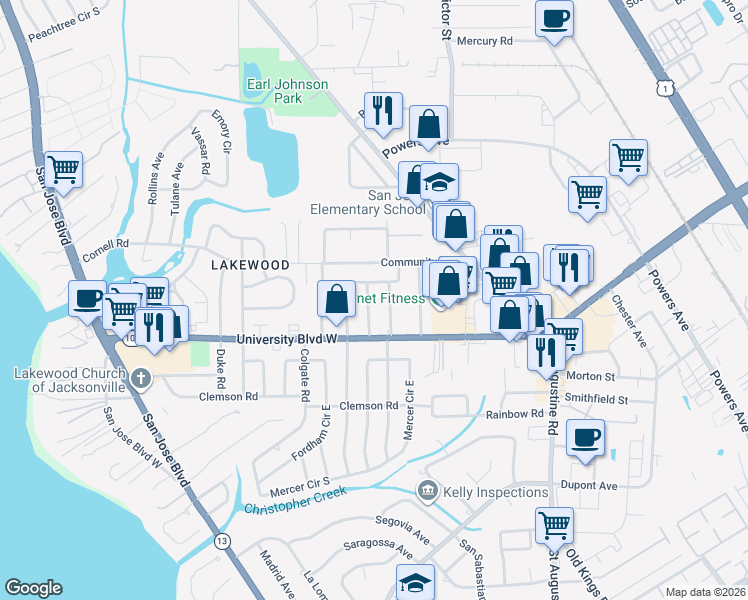 map of restaurants, bars, coffee shops, grocery stores, and more near 5618 Orangewood Road in Jacksonville