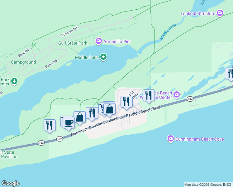map of restaurants, bars, coffee shops, grocery stores, and more near Rosemary Dunes Trail in Orange Beach