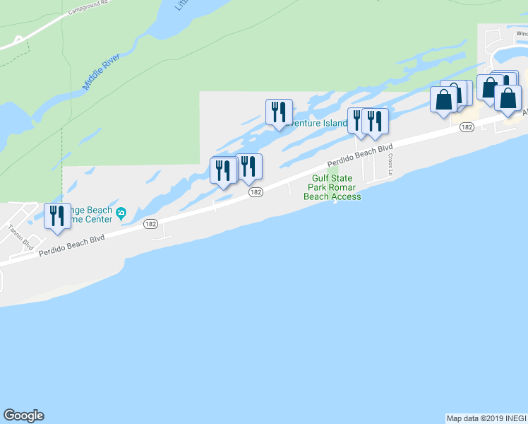 map of restaurants, bars, coffee shops, grocery stores, and more near 24250 Perdido Beach Boulevard in Orange Beach