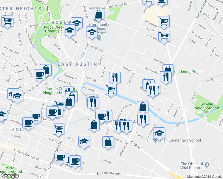 map of restaurants, bars, coffee shops, grocery stores, and more near 850 Tillery Street in Austin