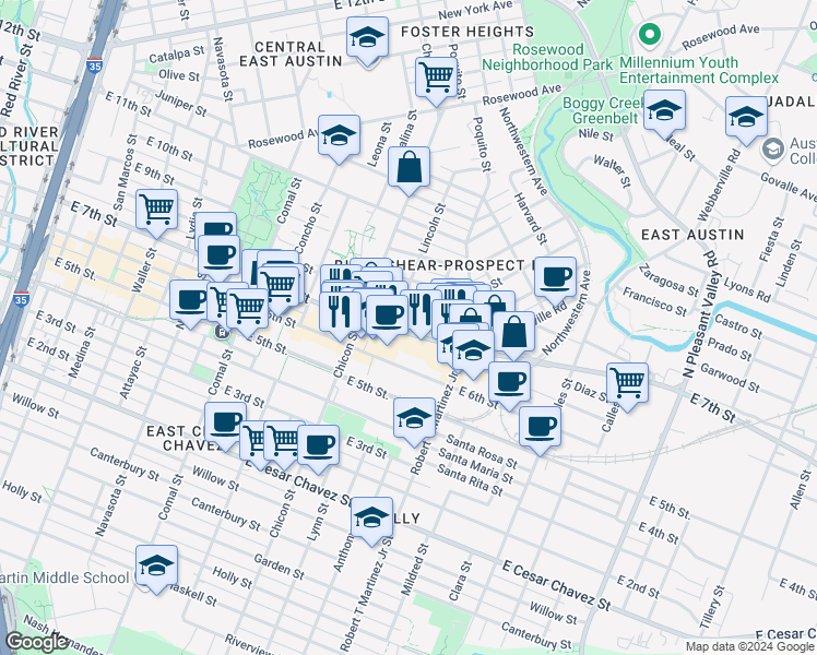 map of restaurants, bars, coffee shops, grocery stores, and more near 1918 East 7th Street in Austin