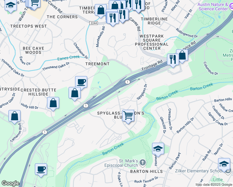 map of restaurants, bars, coffee shops, grocery stores, and more near 2050 Barton Skyway in Austin