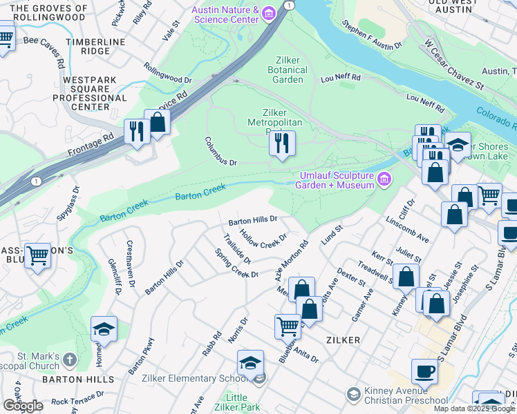 map of restaurants, bars, coffee shops, grocery stores, and more near 1200 Barton Hills Drive in Austin
