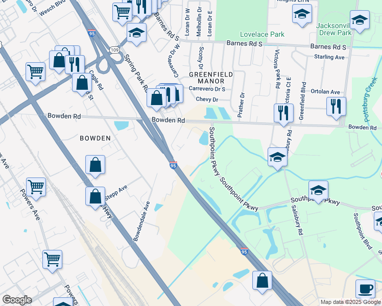 map of restaurants, bars, coffee shops, grocery stores, and more near 5829 Pepsi Place in Jacksonville