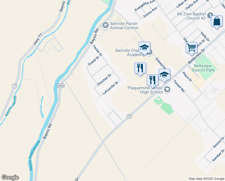 map of restaurants, bars, coffee shops, grocery stores, and more near 60175 Lafourche Street in Plaquemine
