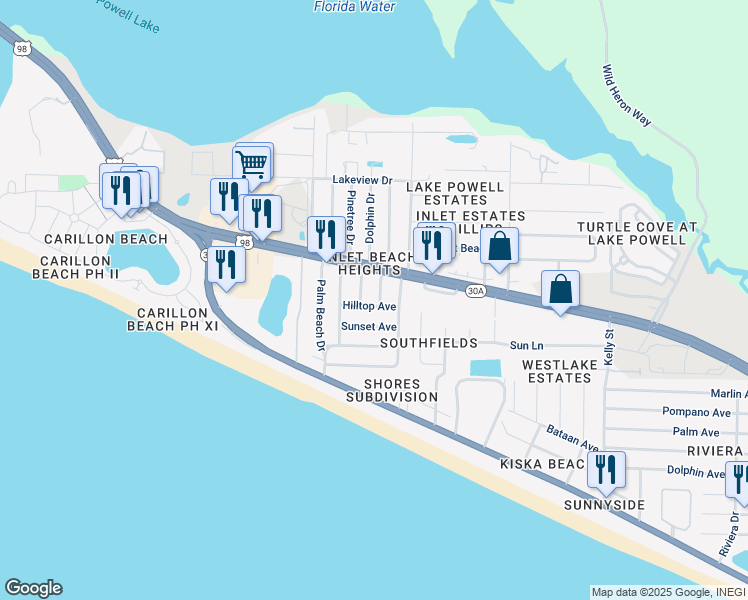 map of restaurants, bars, coffee shops, grocery stores, and more near 22604 Hilltop Avenue in Panama City Beach