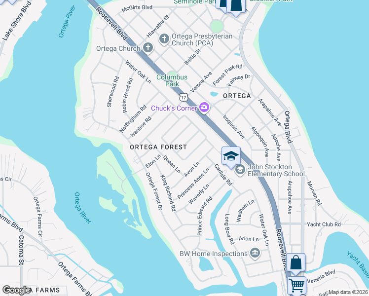 map of restaurants, bars, coffee shops, grocery stores, and more near 4662 Tanbark Road in Jacksonville