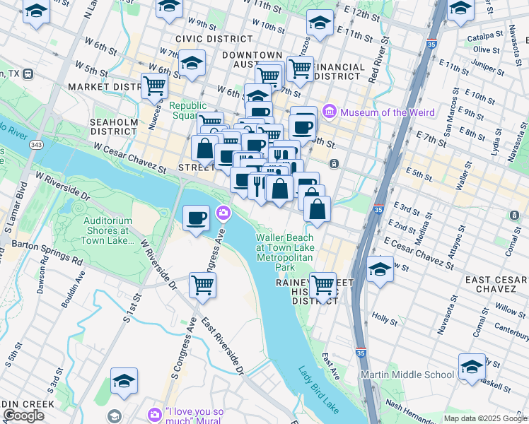 map of restaurants, bars, coffee shops, grocery stores, and more near 98 San Jacinto Boulevard in Austin