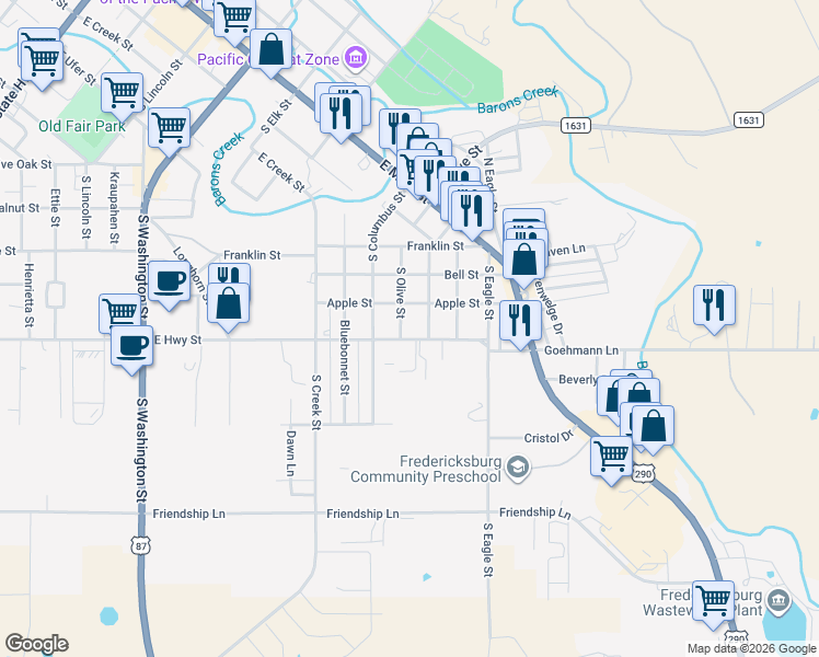 map of restaurants, bars, coffee shops, grocery stores, and more near 510 South Mesquite Street in Fredericksburg