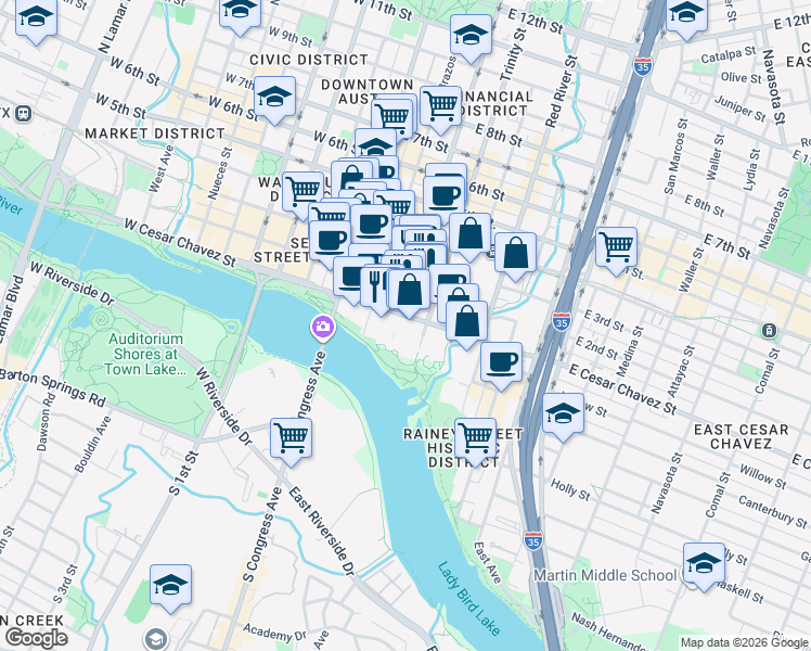 map of restaurants, bars, coffee shops, grocery stores, and more near 319 East 2nd Street in Austin