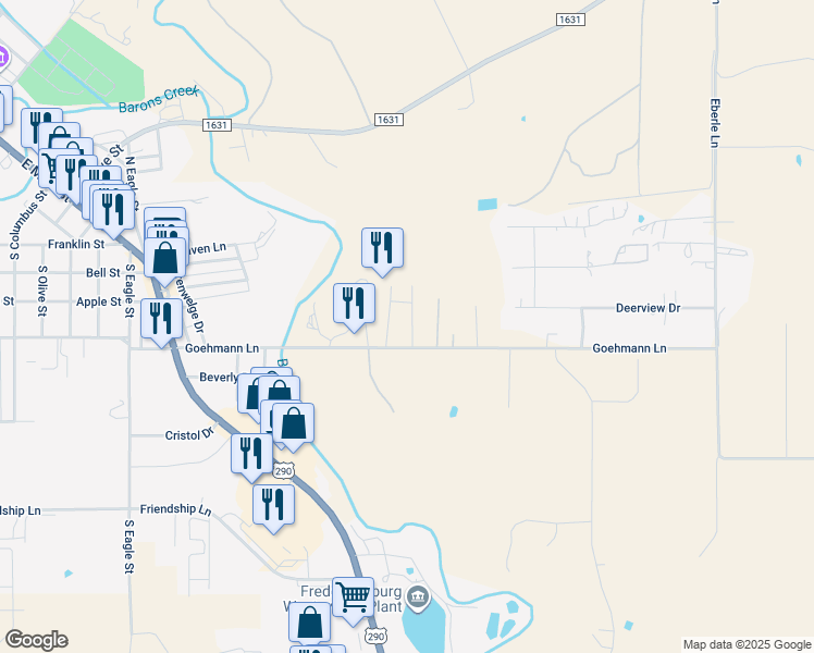 map of restaurants, bars, coffee shops, grocery stores, and more near 418 Goehmann Lane in Fredericksburg