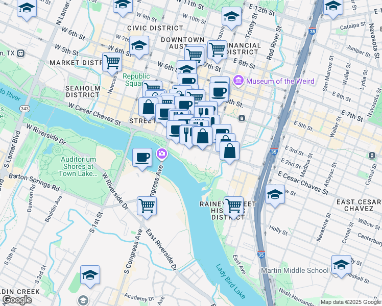 map of restaurants, bars, coffee shops, grocery stores, and more near 98 San Jacinto Boulevard in Austin